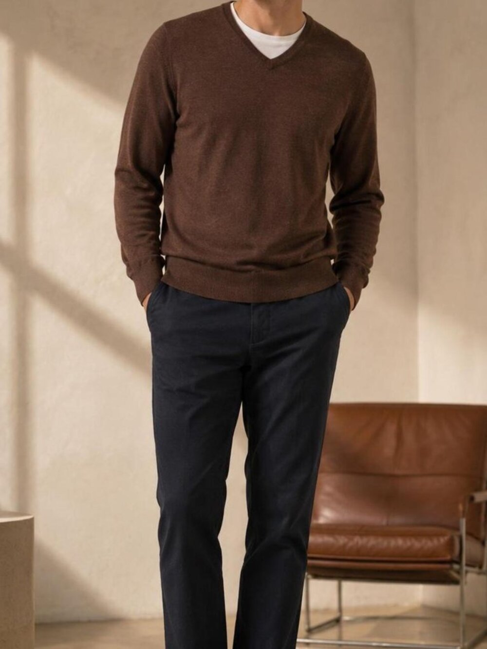 J.CREW Italian Merino Wool Brown V-Neck Knit Pullover Sweater Mens LT